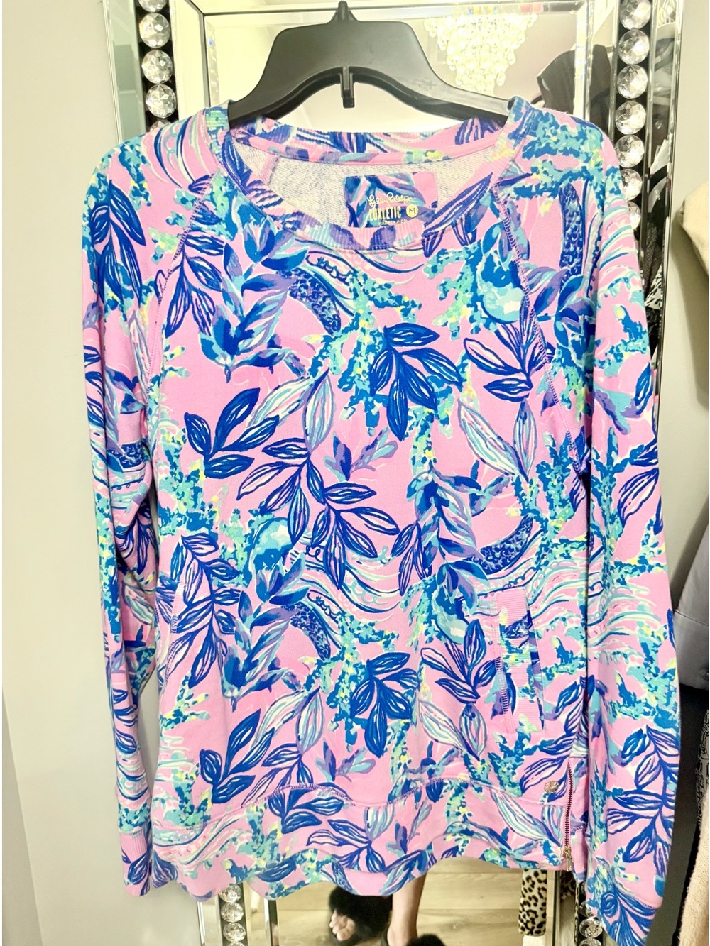 Lilly Pulitzer Pink Multicolor Floral Pullover, side zip! Exc. Cond! Sz M